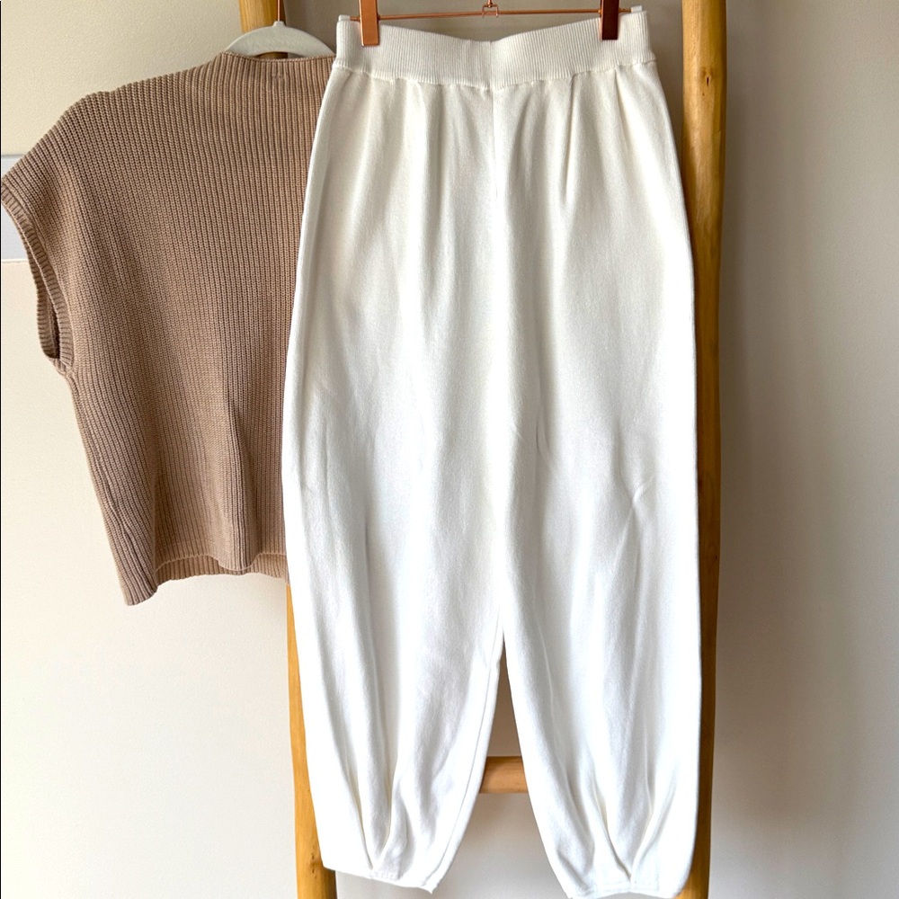 Amazon 2Pc Khaki Knit Top White High Waist Knit Jogger Pant Lounge Set M NWOT - Picture 13 of 16